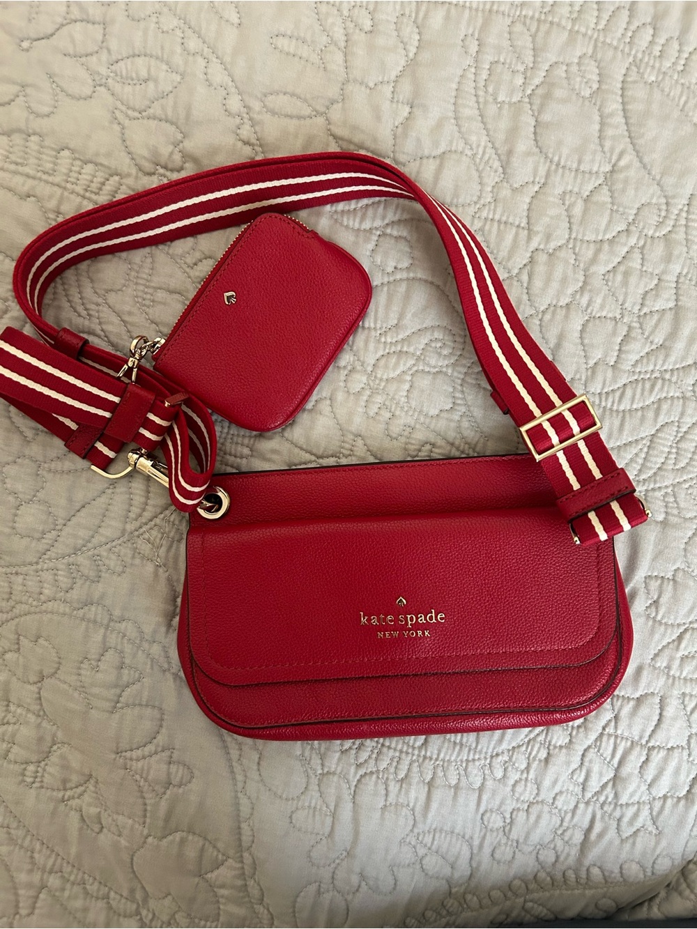 NWOT kate spade red leather crossbody with striped strap and coin pouch